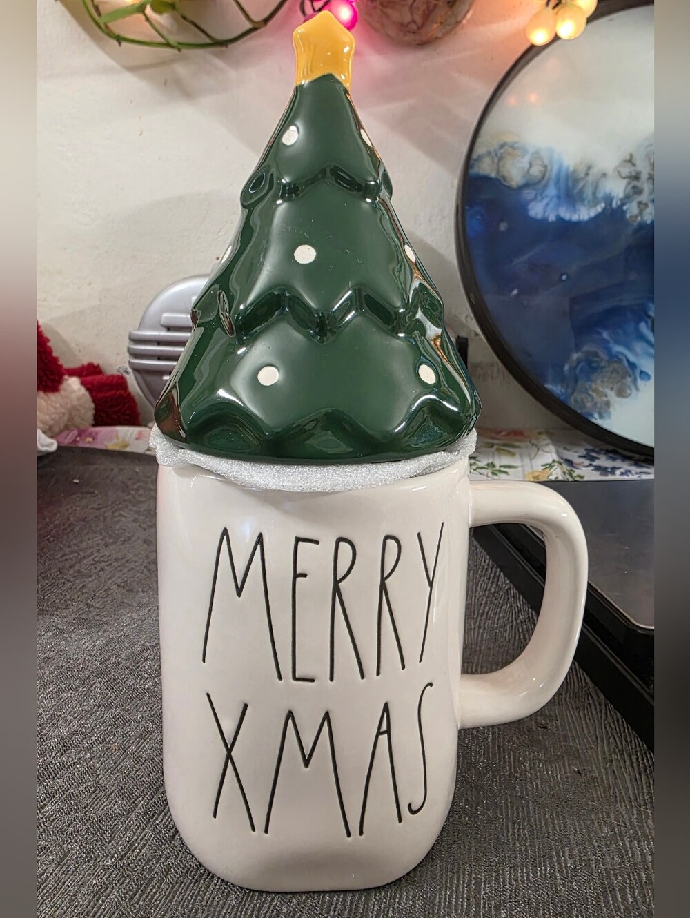 Rae Dunn merry Christmas tree mug with topper